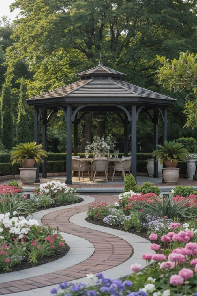 romantic landscaped garden with elegant gazebo and vibrant flowers